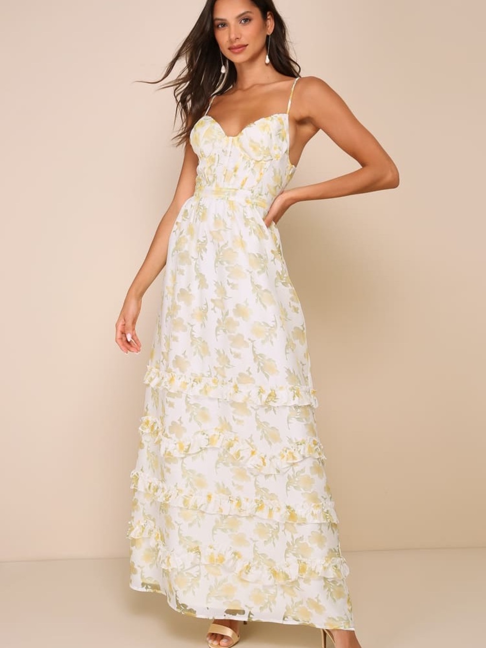 Occasion Cream Yellow Floral Burnout Lace-Up Tiered Maxi Dress XL NWT